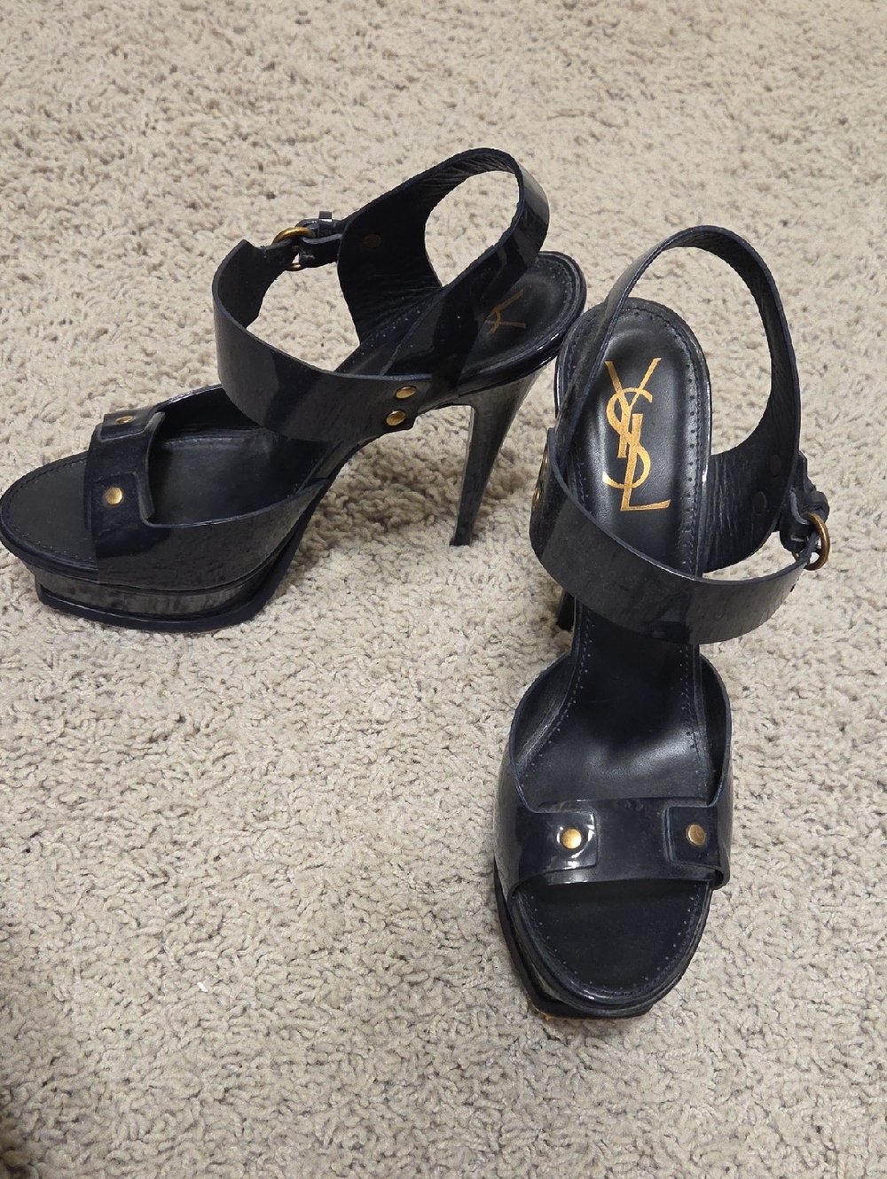 Yves Saint Laurent Navy Patent Leather Platform Slingback Heels